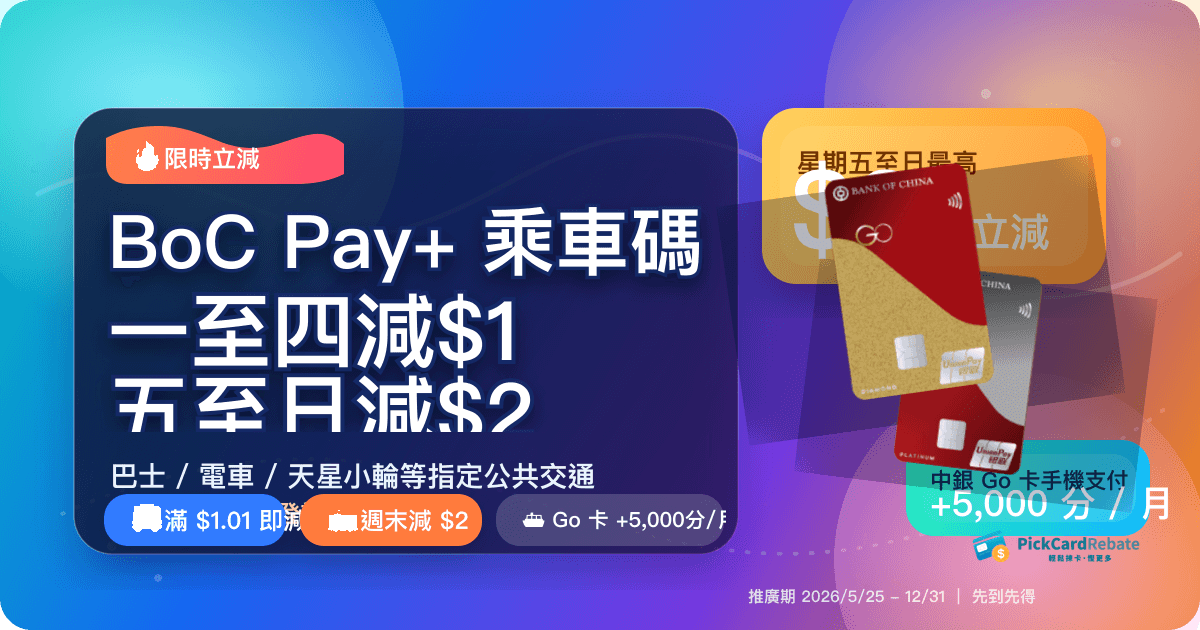 🚌 BoC Pay+ 乘車碼立減|星期一至四減$1、五至日減$2,日日搭車有得慳