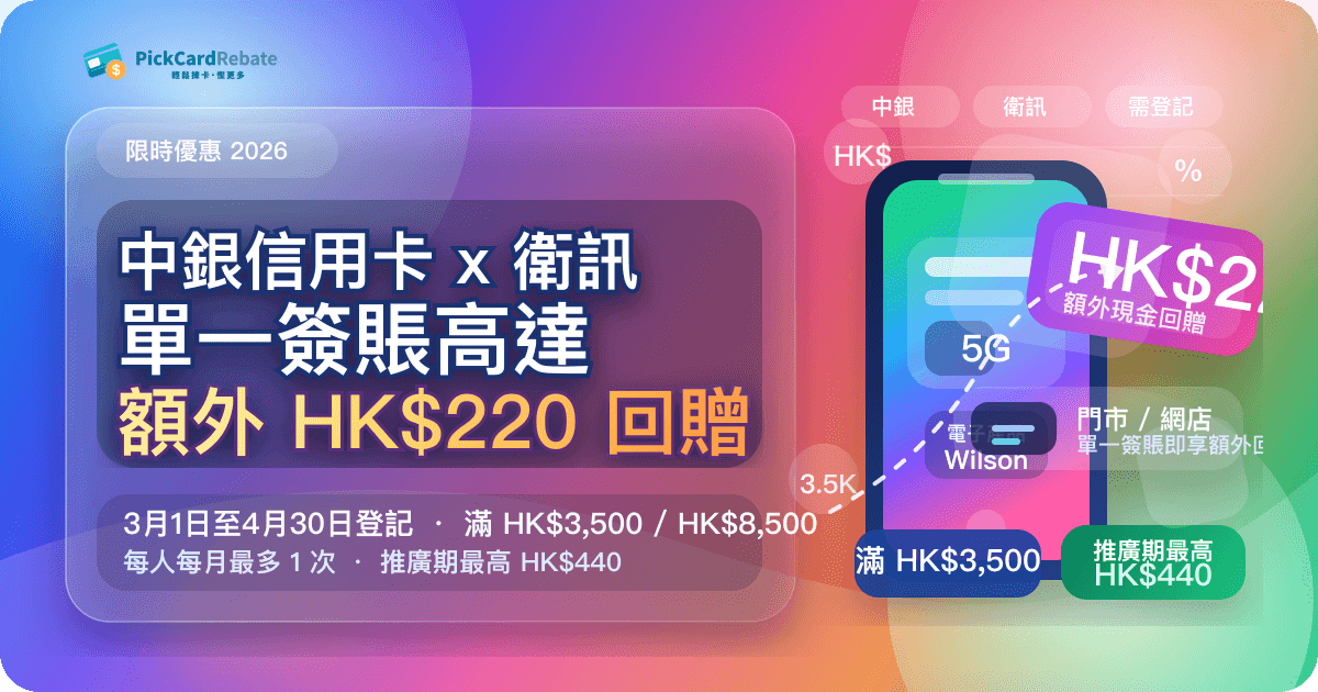 中銀信用卡 x 衛訊優惠 2026｜單一簽賬高達額外 HK$220 現金回贈