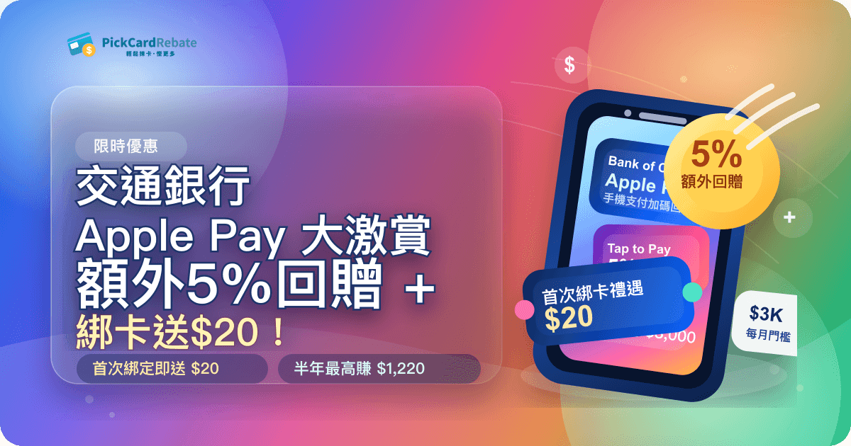📱 交通銀行 Apple Pay 大激賞|額外5%回贈 + 綁卡送$20!