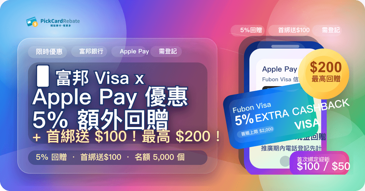 📱 富邦 Visa x Apple Pay 優惠|5% 額外回贈 + 首綁送 $100!最高 $200!