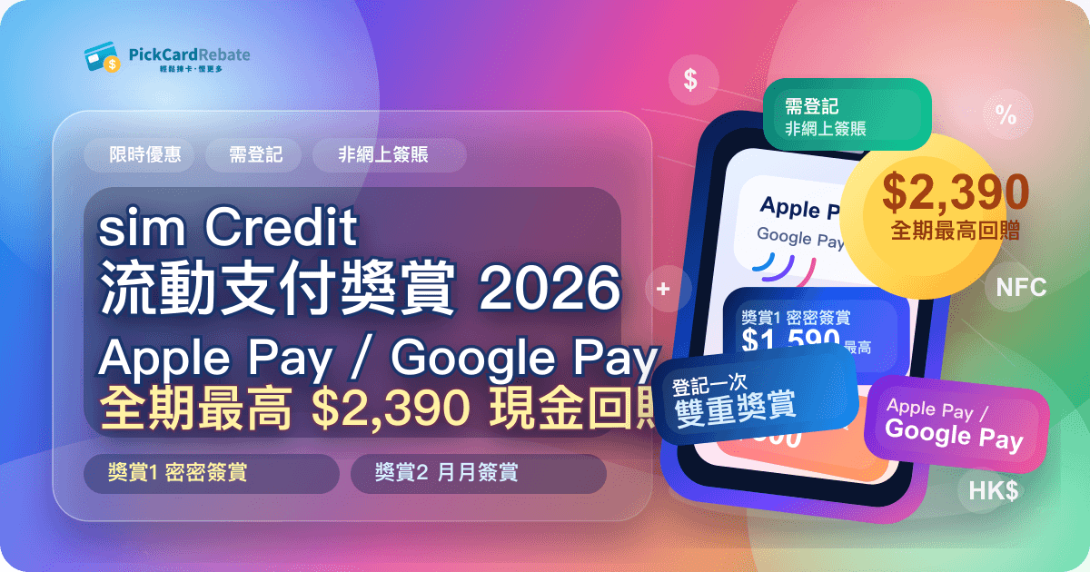 sim Credit 流動支付獎賞 2026|Apple Pay / Google Pay 全期最高 $2,390 現金回贈